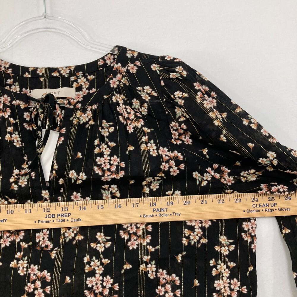 New LOFT Large Dark Floral Tie Front Metallic Striped Long Sleeve Elegant Blouse - Picture 6 of 10